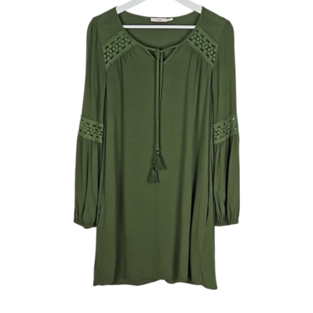 Boho Longsleeve Lace Trim Tie Front Shift Dress in Asparagus Green, XXS - Picture 6 of 6